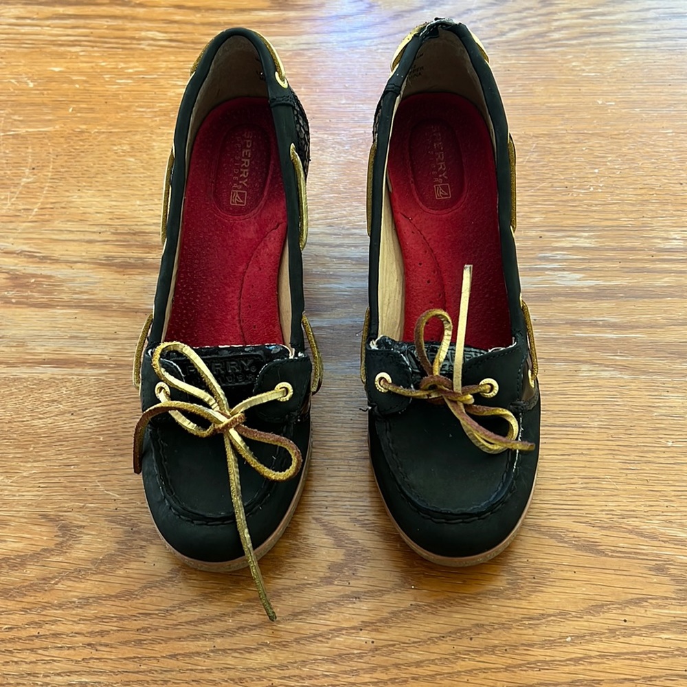 Sperry Black Leather Wedge Boat Shoes with Gold Laces